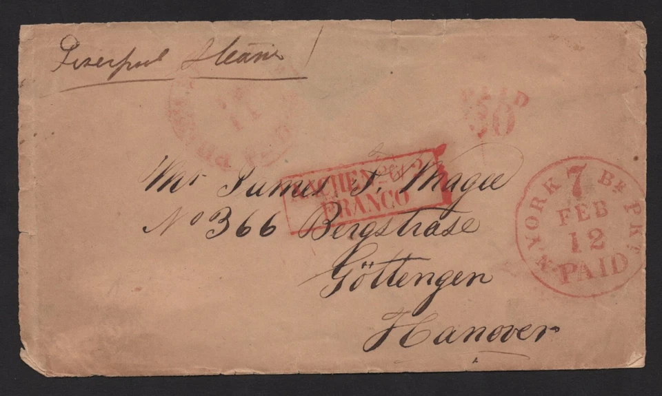 US TO GERMANY "30 CENTS PAID" 1856 N.Y. #27 MAIL FEB. 12 C-31 RED 7 CENT - Image 1 of 2
