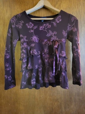 Y2K ограниченного слишком фиолетовый рубашка цветы розы девочек Sz маленький с оборками слой бант  - Изображение 1 из 4