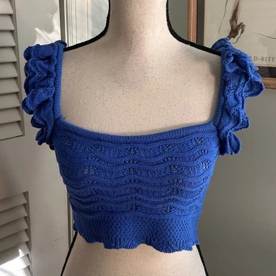 H&M Top Mujer Pequeño Azul Recortado Crochet Tejido Volantes Manga Lechera Coqueta  Foto 1 de 4