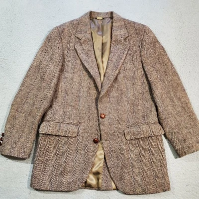 Vintage Harris Tweed Saks Blazer Sport Jacket Mens 38S Brown Wool Herringbone - Image 1 of 4