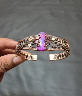 Brazalete brazalete de cobre turquesa púrpura envuelto en alambre joyería ajustable Foto 1 de 4