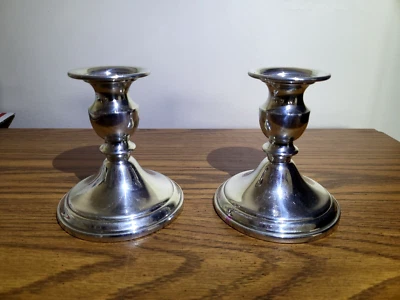 PAR VINTAGE WEB CANDELABRO DE PELTRE con peso soporte de 4 1/2" de alto metal plateado (T) Foto 1 de 4