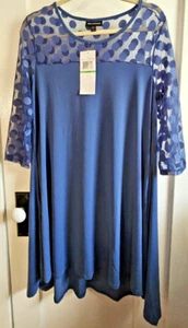 NWT Nina Leonard A-LINE TRAPEZE JERSEY MESH POLKADOTS dress blue pockets Large - Picture 1 of 9