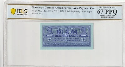 Alemania 1942 1 Reichspfennig Certificado PCGS Billete UNC 67 PPQ Pick M32 Segunda Guerra Mundial Foto 1 de 2