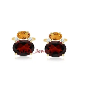 Natural Garnet & Citrine Gemstone With 14K Gold Plated Silver Cufflink #1183 - Picture 1 of 10