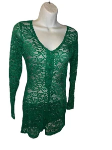 Green Lace One Piece Shorts Long Sleeve Bodysuit - Picture 1 of 8
