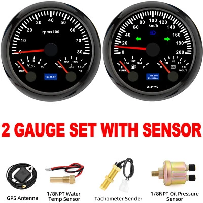 2 Gauge Set 85mm GPS Speedometer 200KM/H/Tacho/Fuel/Oil/Temp/Volt with Sensor  - Image 1 of 4
