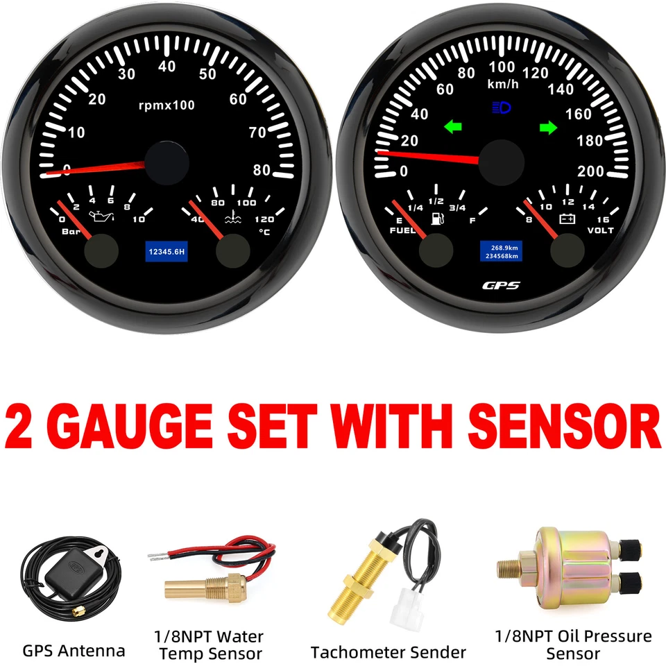 2 Gauge Set 85mm GPS Speedometer 200KM/H/Tacho/Fuel/Oil/Temp/Volt with Sensor  - Image 1 of 4