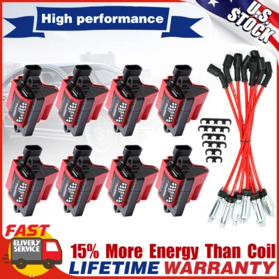 8 Pack Square Ignition Coil and Spark Plug Wire For Chevy GMC 4.8L 5.3 6.0L 8.1L - Image 1 of 4