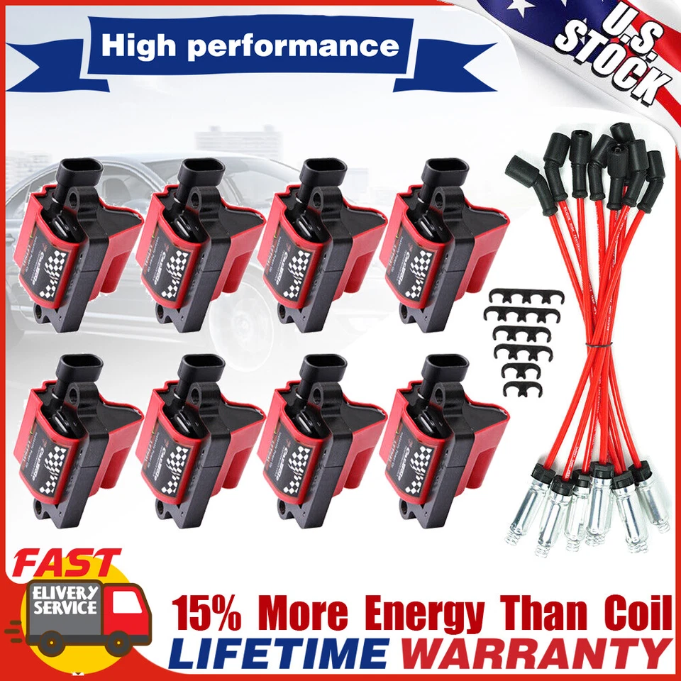 8 Pack Square Ignition Coil and Spark Plug Wire For Chevy GMC 4.8L 5.3 6.0L 8.1L - Image 1 of 4
