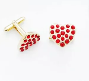 C0418 CUFF LINKS CUFFLINKS GOLDEN RED RUBY HEART SHAPE STRAWBERRY LOVE GIF NEW - Picture 1 of 1