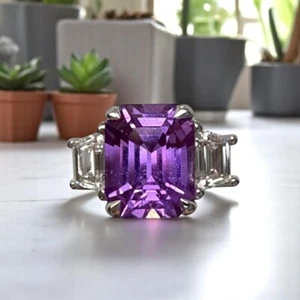 14k White Gold EmeraldCut Diamond Ring Violet Sapphire 3.80 Ct Wedding Lab Grown - Picture 1 of 10