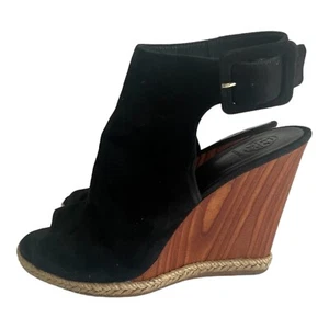 Tory Burch Black Suede Peep-toe Wedges 7.5 Ankle Strap - Picture 1 of 8