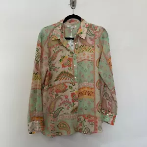 Rose & Olive Button Up Blouse Size L Paisley Floral Boho Office Mature Mob Wife - Picture 1 of 13