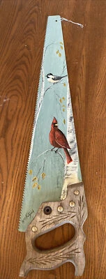 William Fritzsch Jr (1939-2018) Saw Blade Oil Painting Birds Chickadee Cardinal - Image 1 of 4