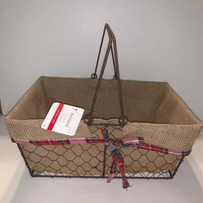 ASHLAND Wire Rectangular Handle Basket Jute Lining Plaid Bow NWT Christmas Decor - Image 1 of 4