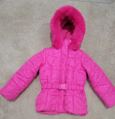 Pacific Trail Niña Puffer Acolchado Rosa Caliente Borde de Piel Capucha Cinturón Talla Grande 6X Foto 1 de 4