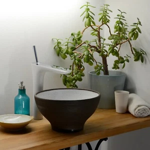 Waschschale Waschtisch Kermik handgefertigt Handwaschbecken Ø 28 cm braun / weiß - Bild 1 von 6