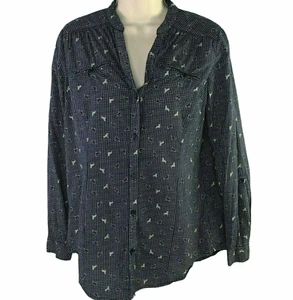 Horse Check Plaid Top Womens Size M Equestrian Dark Blue Button Front BDG - Picture 1 of 9
