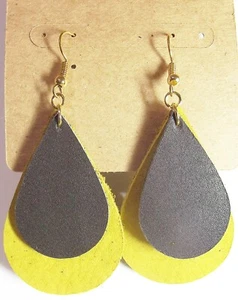 Handcrafted Genuine Leather Pierced Earrings 2" Mustard Yellow & Grey Teardrops - Picture 1 of 1