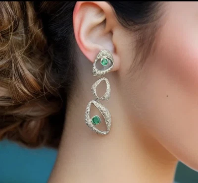 935 Silver Simulated Round Emerald & Sapphire Designer Drop Dangle Woman Earring - Image 1 of 4