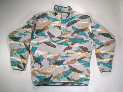Patagonia Synchilla Fleece XL Fish Trout Pullover Jacket Men’s Print Gray Green - Image 1 of 4