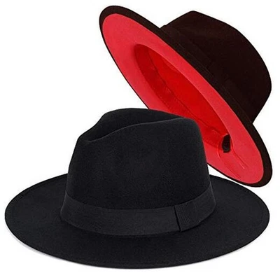  Moda Sombrero Fedora Ala Ancha Fieltro Sombrero Vestido Panamá Dos Tonos Mediano A Negro-rojo Foto 1 de 4