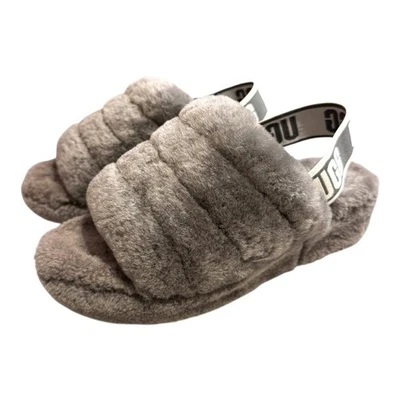 Zapatillas UGG Fuzzy Shearling Pelusa Talla 5 Gris Felpa Logo Correa Foto 1 de 4