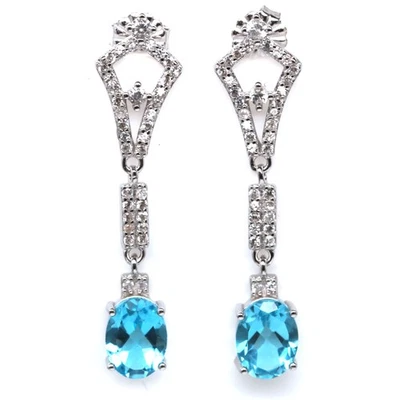 Thai Handmade 6 x 8 mm. Swiss Blue Topaz & White Zircon Earrings - Image 1 of 4