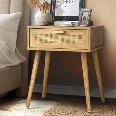 Oikiture Bedside Table Drawer Storage Cabinet Nightstand Rattan Furniture Wood - image 1 of 4