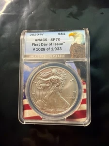 2020 W first day of issue American silver Eagle SP70 - Picture 1 of 2