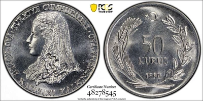 1980 Turkey 50 Kurus FAO Education for Rural Women Stainless Steel PCGS MS 67 - Image 1 of 3