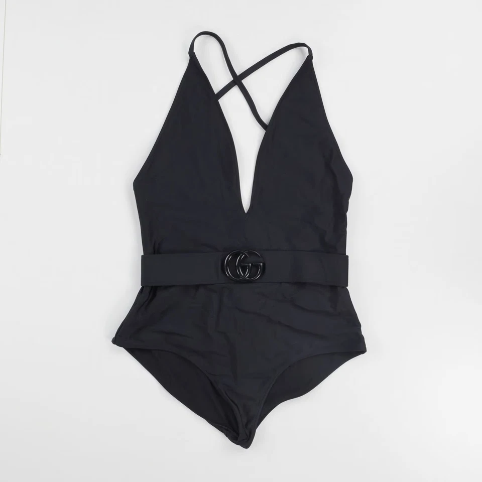GUCCI Traje de baño para mujer Profundo V Logo Cinturón Delantero Cruzado Espalda Brillante Negro M PVP430 Foto 1 de 4