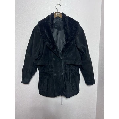 Abrigo chaqueta de cuero gamuza negro vintage con cremallera para mujer talla M cuello de piel de gitano Foto 1 de 4