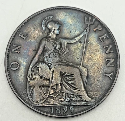 Gran Bretaña 1899 1 centavo grande KM#790 reina Victoria bronce tonificado Foto 1 de 2
