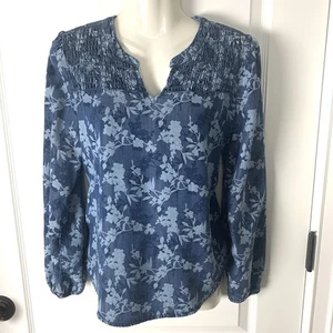 Chico’s Blue Floral Long Sleeve Blouse Size 0 Small Smocked V neck Pullover Top - Picture 1 of 7