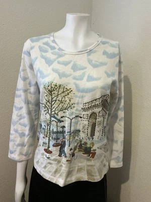 Nuevo con etiquetas Top para mujer Spenser Jeremy cuello redondo manga 3/4 algodón estampado lentejuelas talla L Foto 1 de 4