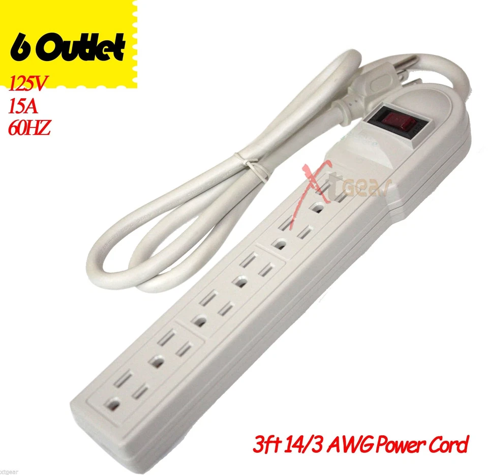 UL Listed 125V 15A 60hz 3FT 6 Outlet Power Strip Surge Protector AC Plug AC Wall - Image 1 of 1