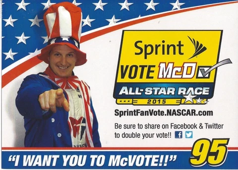 2015 MICHAEL MCDOWELL "I WANT YOU TO MCVOTE" #95 NASCAR SPRINT CUP POSTCARD Cover