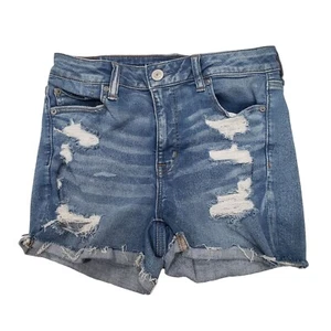 American Eagle Next Level Stretch Hi-Rise Shortie Distressed Denim Shorts Sz 10 - Picture 1 of 12