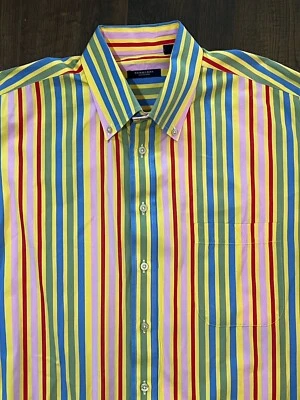 Camisa de vestir Burberry London para hombre XL azul blanco naranja rosa verde a rayas algodón Foto 1 de 4