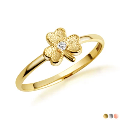 Anillo de piedras preciosas de diamantes trébol de 3 hojas de oro de la suerte (disponible en amarillo/rosa/blanco) Foto 1 de 4