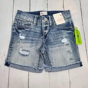 SO Girls Favorite Bermuda Denim Shorts Size 7 Mid Rise Distressed Adjustable NWT - Picture 1 of 11