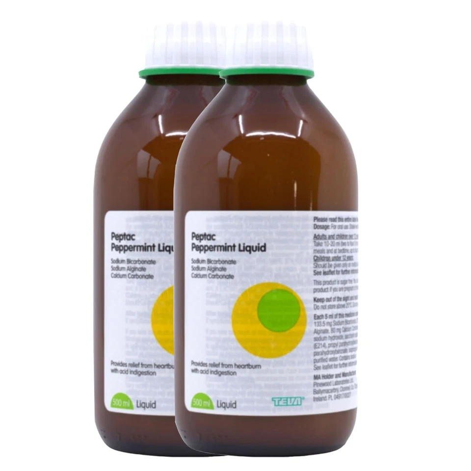 TEVA Peptac Peppermint Liquid 500ml | Heartburn Reflux Pack 2