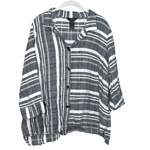 Top túnica Ali Miles para mujer talla 1X lino negro gris blanco rayas botones artístico - Imagen 1 de 8