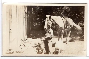 DOG RPPC Boy HORSE Barn 2 Dogs OLD Vintage Real Photo Postcard - Picture 1 of 2