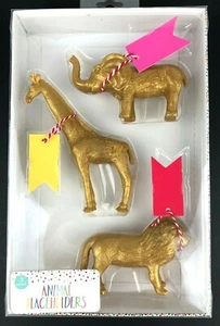 3 Gold Color Animal Party Placeholders Lion Giraffe Elephant with Name Tags - Picture 1 of 8