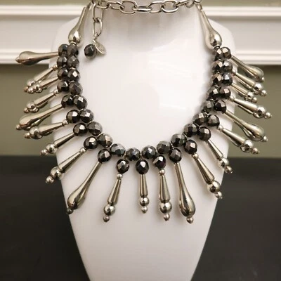 Tarina Tarantino necklace Topkapi silvertone teardrops faceted beads statement - Image 1 of 4