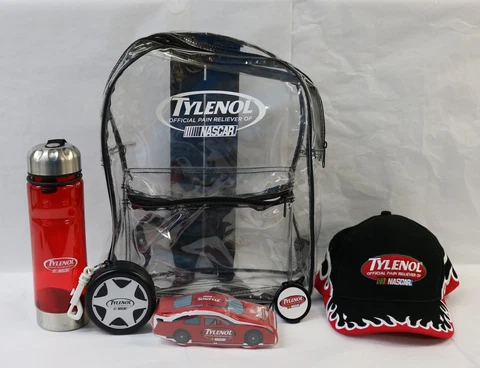 8pc NASCAR Tylenol Kit Set:Backpack,Hat,T-Shirt(L),WaterBottle,Key Chain,Poncho+ Cover