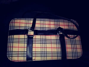 Marineblaue, cremefarbene und rot karierte einzigartige Handtasche - Bild 1 von 3